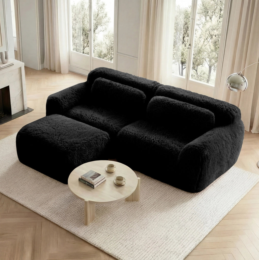 Divano modulare angolare a L 2 posti in tessuto peluche; 204x179x73 cm; nero