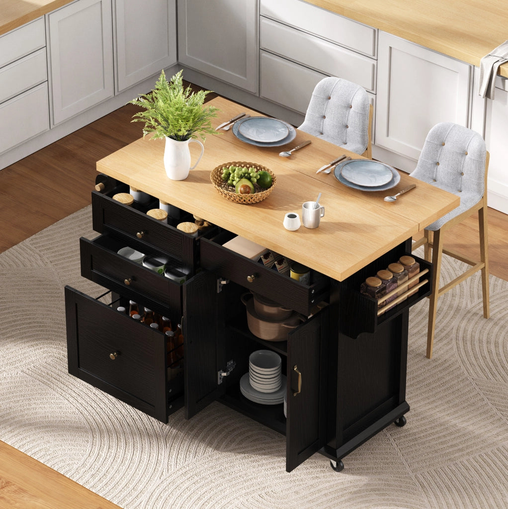 Isola da cucina 107x45-70x90.5 cm con piano estraibile in MDF nero e naturale