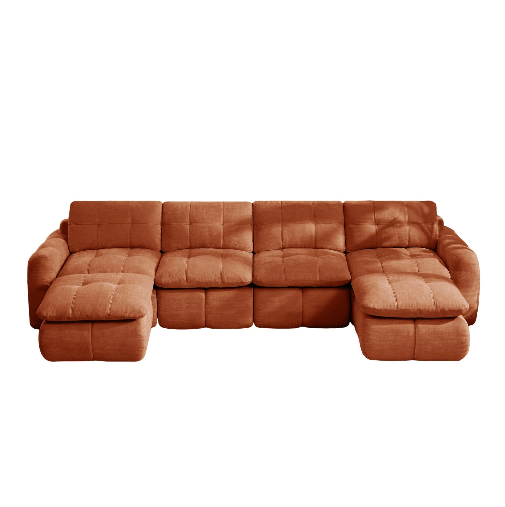 Divano modulare in ciniglia arancione; 334x160x68 cm