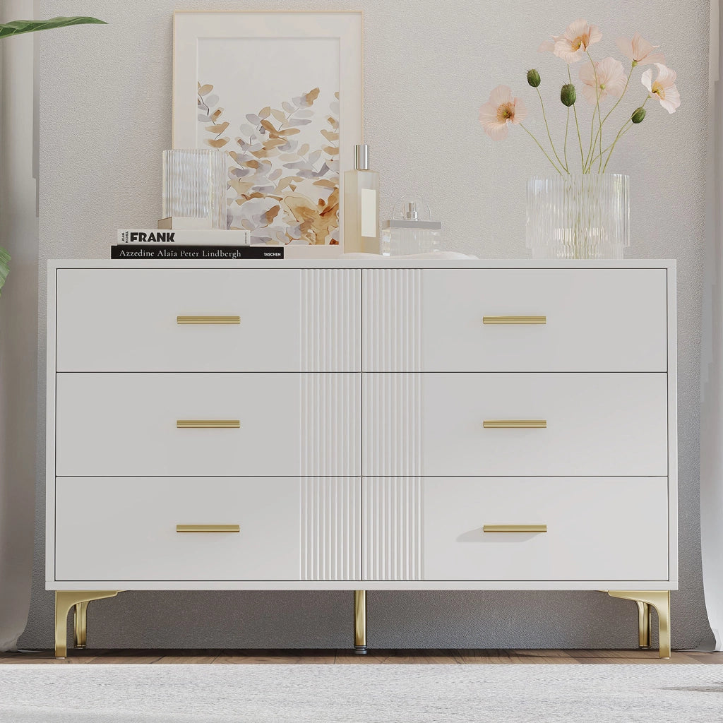 Com¨° moderno bianco con 6 cassetti, struttura in MDF, design rigato, 120 x 40 x 76 cm