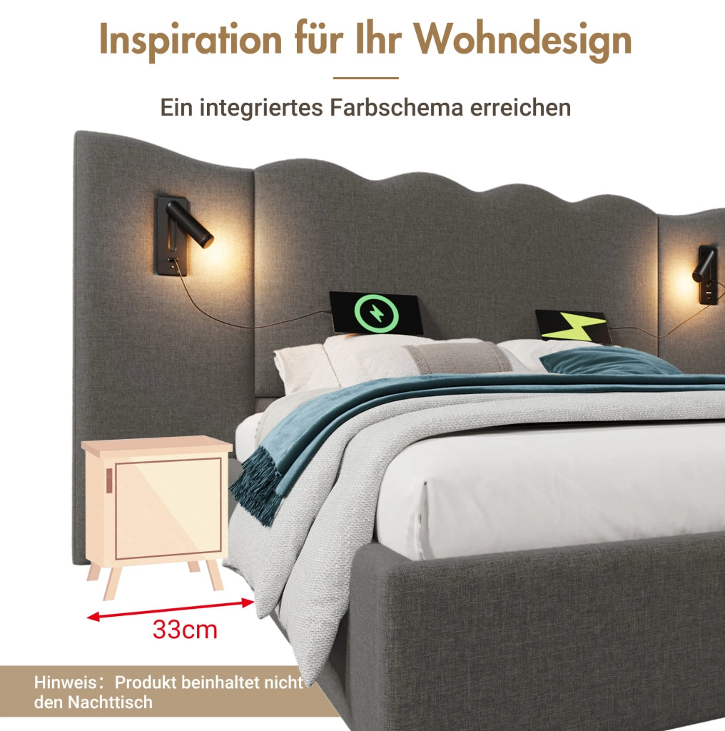 Letto imbottito 180 x 200 cm grigio con vano contenitore, luce e ricarica USB-C