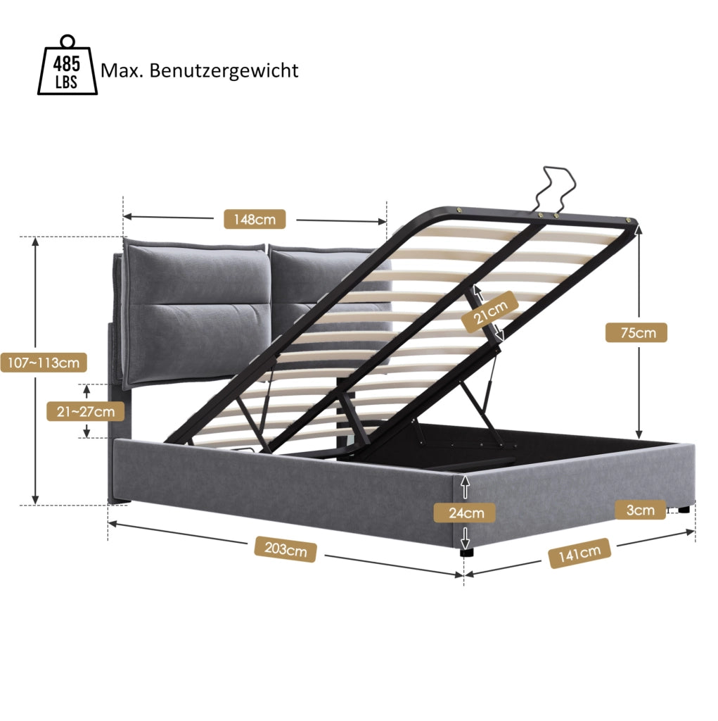 Letto matrimoniale contenitore 140x200 cm con testiera regolabile; velluto grigio