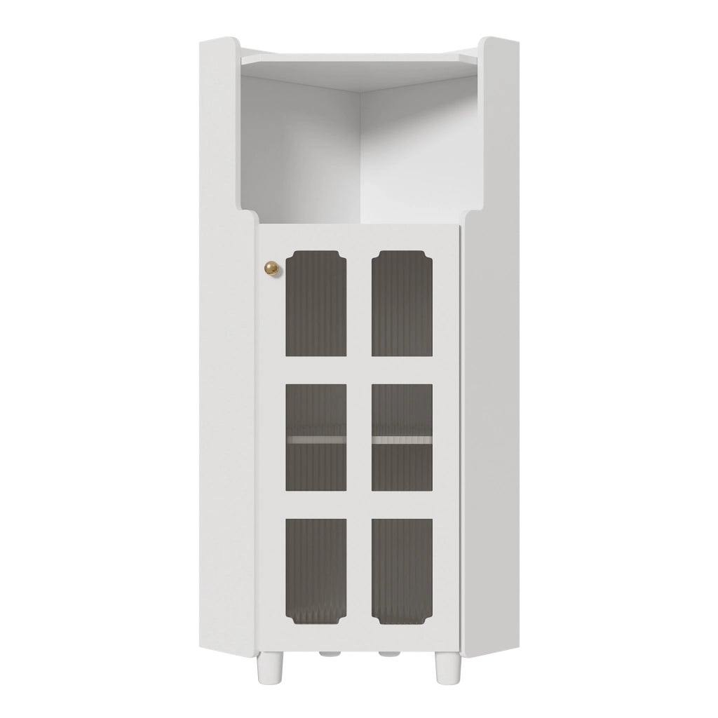 Mobile angolare con LED e 1 vano aperto, armadietto in vetro a 2 livelli, per soggiorno, bagno e cucina, in MDF, bianco, 63,5 × 124 cm