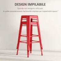 Set 2 Sgabelli da Cucina di Design con Schienale Rimovibile e Poggiapiedi, in Metallo, 44x46x116 cm, Rosso