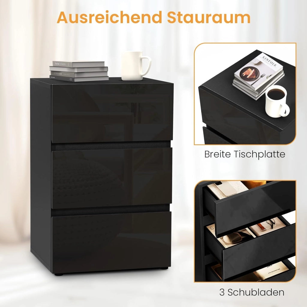Comodino per Camera da Letto, Mobiletto Nero con 3 Cassetti, Cassettiera Piccola Salvaspazio in Legno, con Guide Metalliche, Design Moderno, 40x35x62cm, 0014CTG