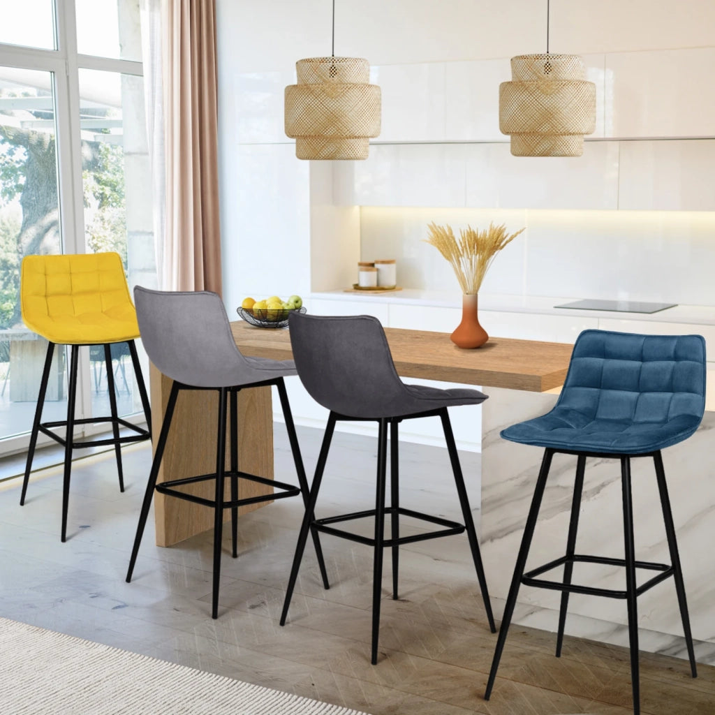 IDMarket - Set di 4 sgabelli da bar in velluto blu, grigio chiaro, grigio scuro, giallo MADY