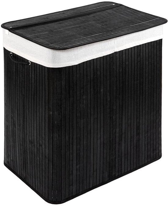 Wastino ecologo in bambù con coperchio (72 L) • Box per il bucato con sacchetto lavabile • Raccoglitore di bucato pieghevole • Cassetto per il bucato per la stanza da bagno • 100% bambù • Colore: nero (40x30x60 cm)