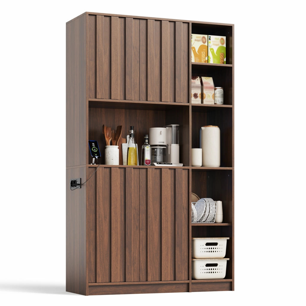 Credenza alta multifunzione con LED RGB, prese integrate e struttura in MDF finitura walnut, 105 x 40 x 180 cm