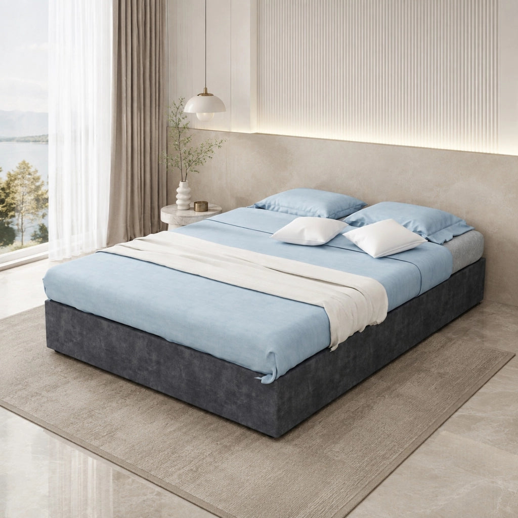 Letto imbottito 140 x 200 cm con contenitore a sollevamento pneumatico; grigio