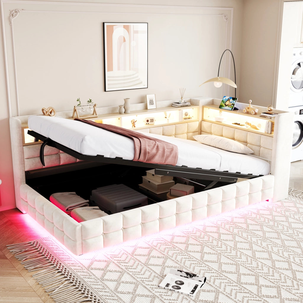 Letto singolo imbottito 90×200 cm con contenitore; LED; prese USB e Type-C; ripiani; senza materasso; beige