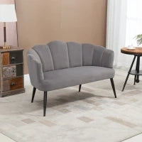 Divano 2 Posti in Velluto con Gambe in Metallo e Schienale a Conchiglia, 132x66x80cm, Grigio