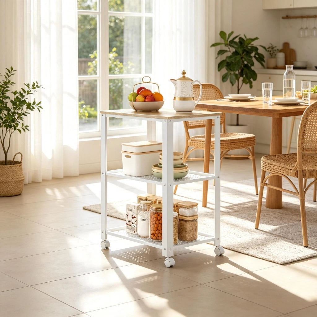 Scaffale con ripiani e ruote per cucina, metallo e legno, bianco e rovere chiaro 60×40×76 cm
