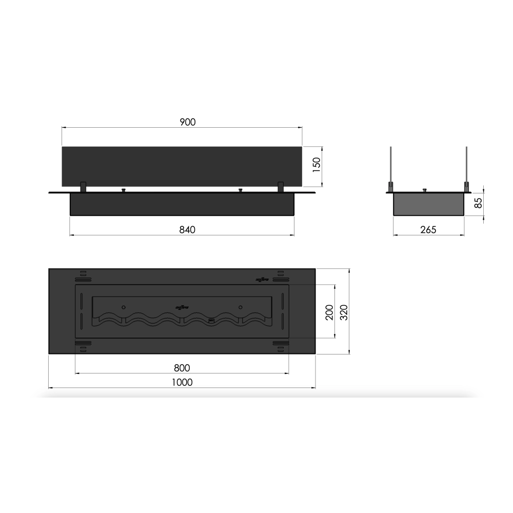 Bruciatore Inserto a Bioetanolo 100cm in Inox nero da incasso o appoggio da 3 lt con vetri inclusi