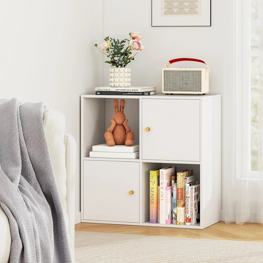 Scaffale per libri con 4 cubi, libreria a 2 livelli con porte, scomparti aperti, mobile ausiliario moderno, per soggiorno, studio, ufficio, 60 x 29 x 60 cm, bianco