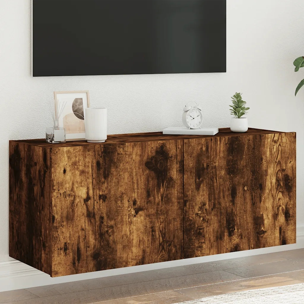 Mobile TV a Parete | Armadietto TV | Mobile Porta TV con Luci LED Rovere Fumo 100x35x41 cm