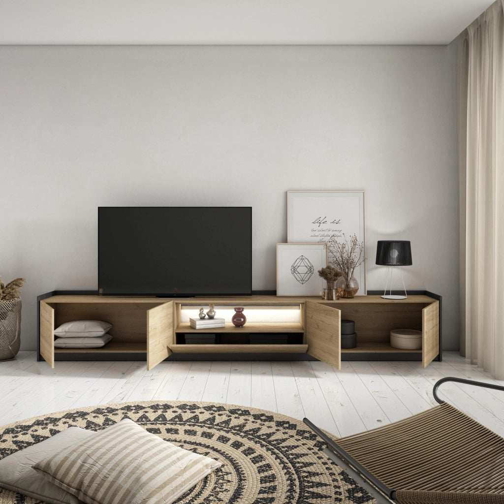 Mobile TV Soggiorno, 310x50x37 cm, Per TV fino a 80", LED, Rovere e nero