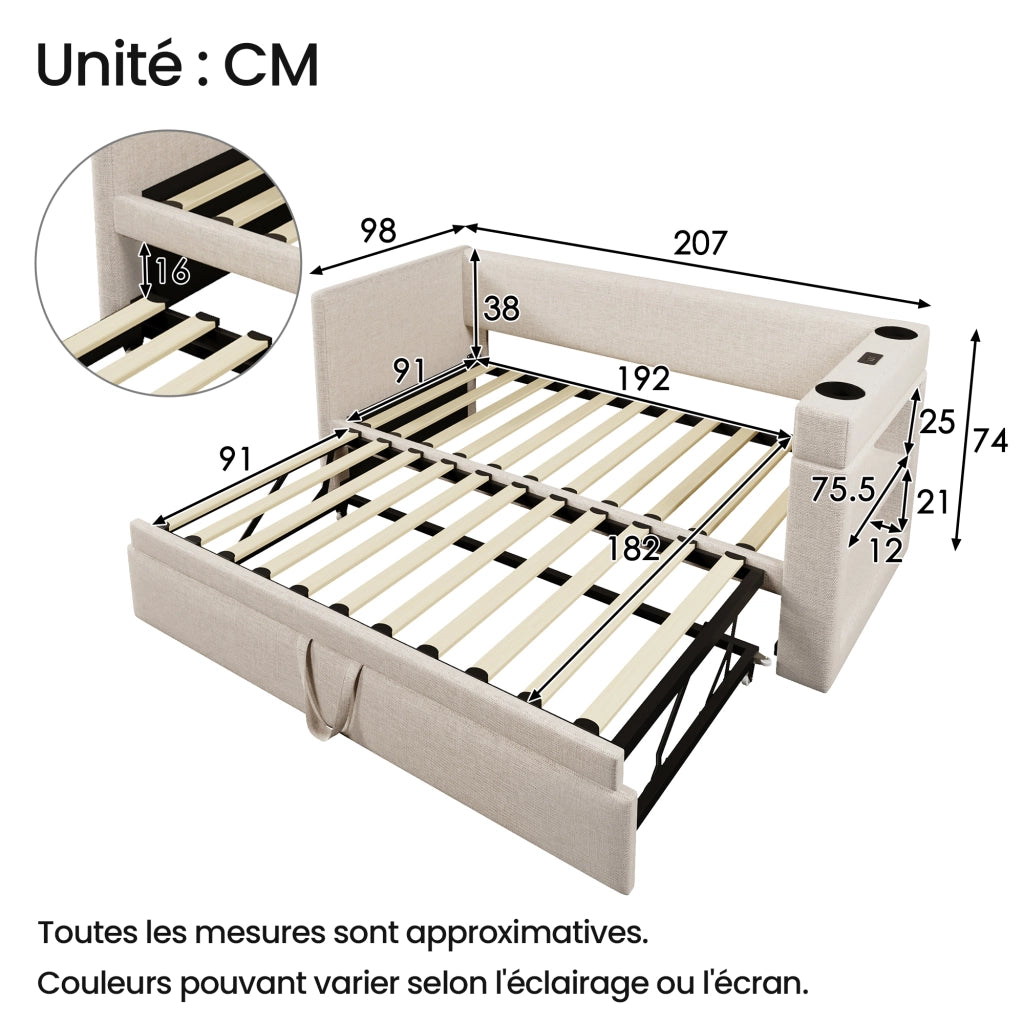 Letto Estraibile 90x190 cm - USB; Type-C e Portabicchieri - in Tessuto - Beige