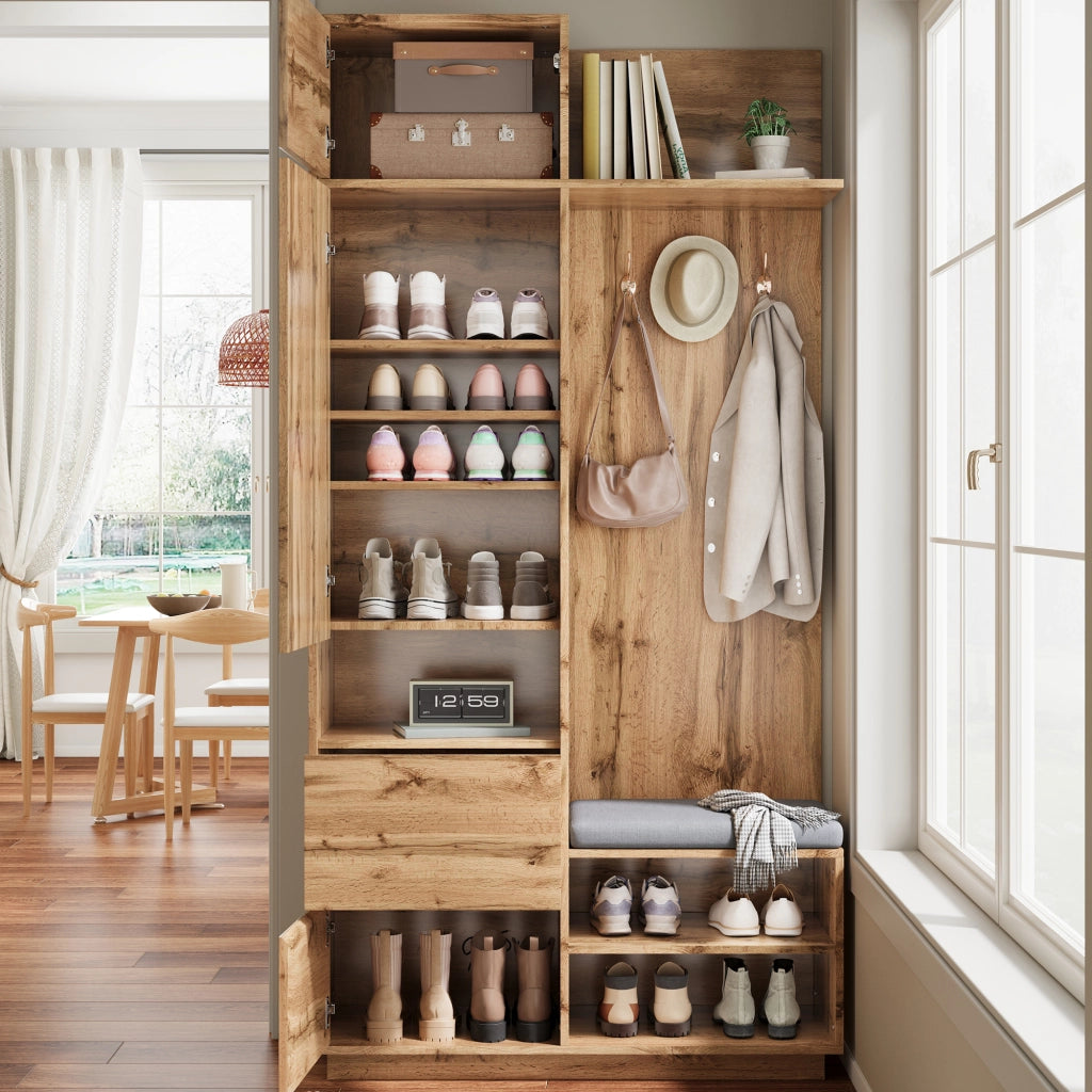 Mobile da ingresso con armadio con specchio, panca portascarpe, cassetti e ganci, in MDF naturale