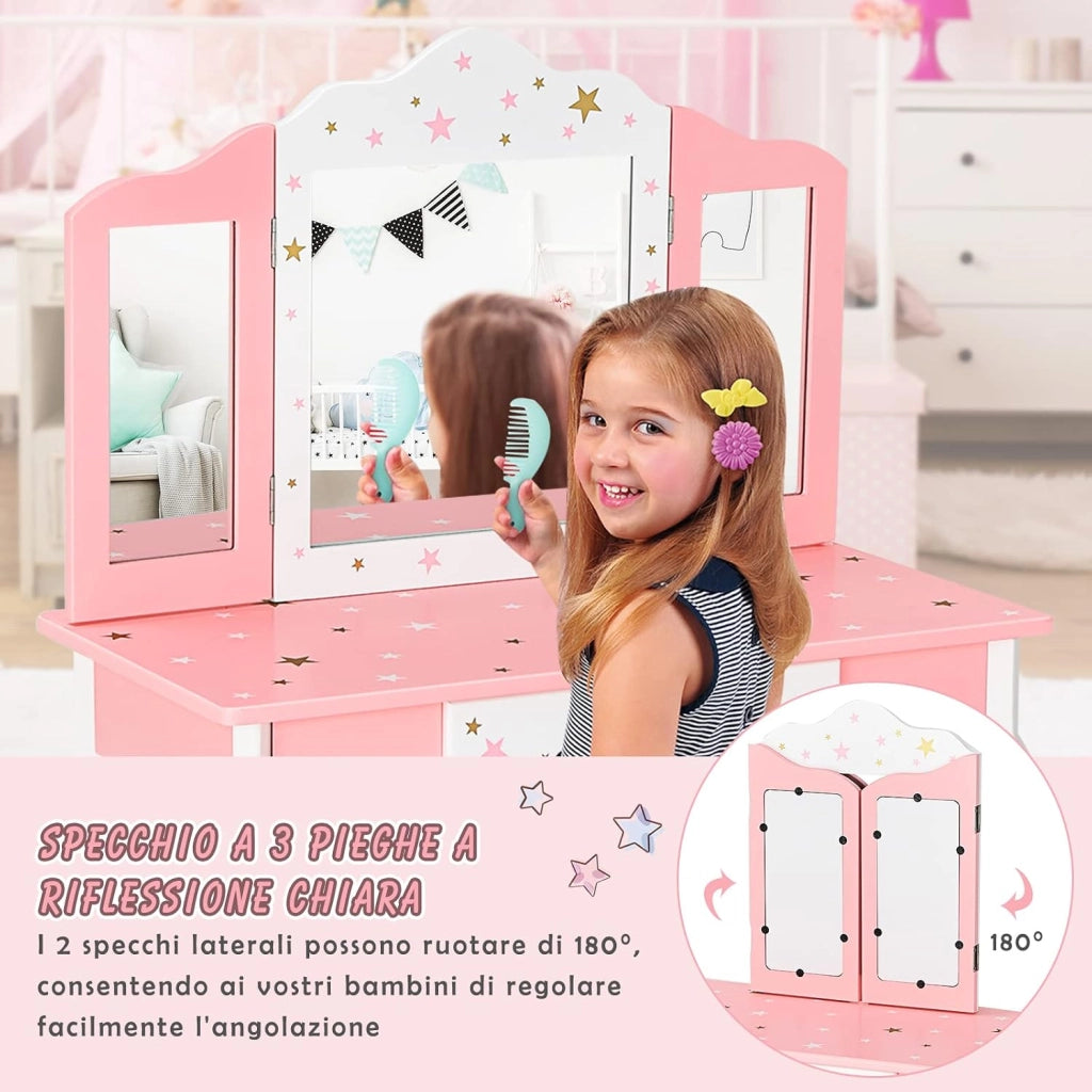 Toeletta Trucco 2 in 1 per Bambina Staccabile, Specchiera per Ragazza in Legno con Sgabello e Cassetto, Postazione Trucco per Cameretta e Cmera da Letto, 3 Anni 70x35x104cm(Rosa)