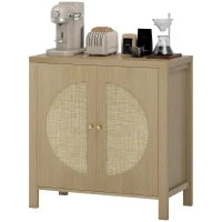 Credenza da Cucina con 2 Porte in Rattan, Scaffale Regolabile e 2 Maniglie 75x38x77 cm Legno Naturale