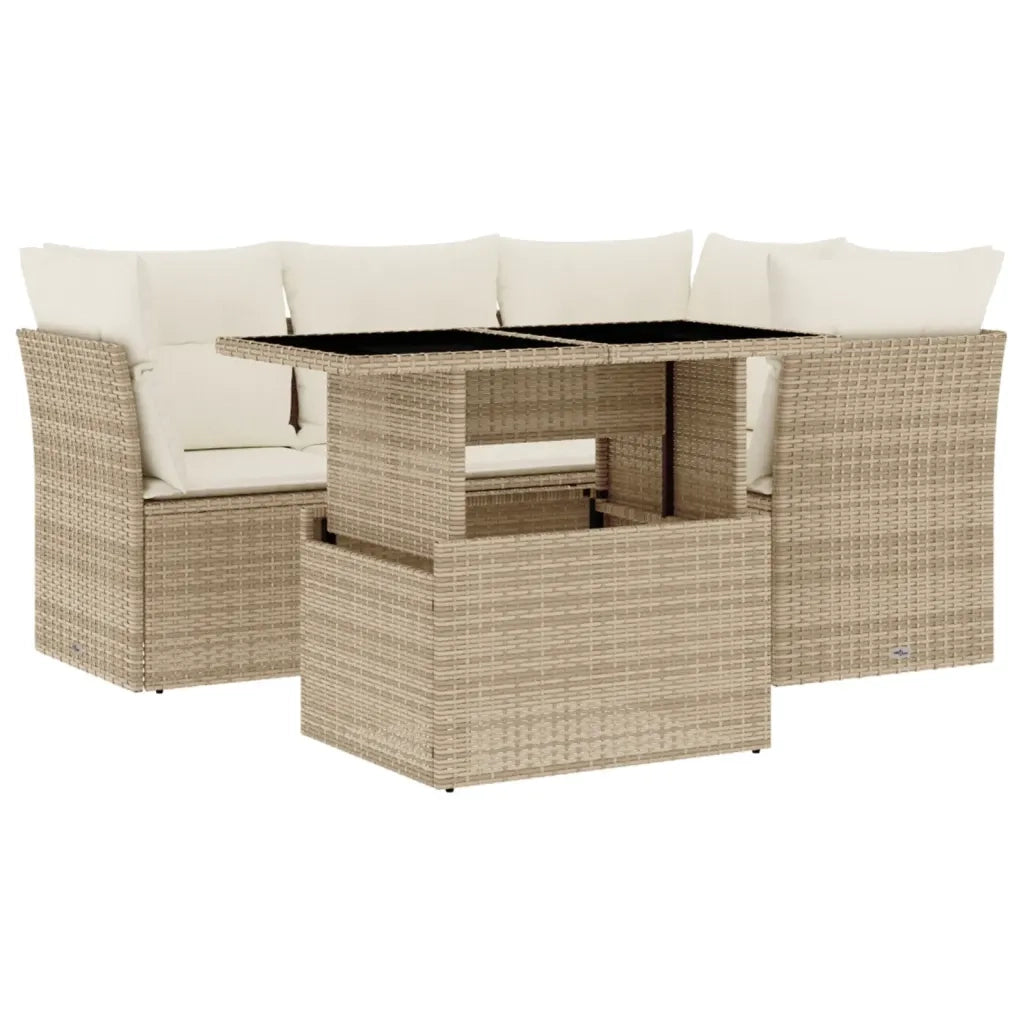 Set Divano da Giardino 5 pz con Cuscini Beige in Polyrattan
