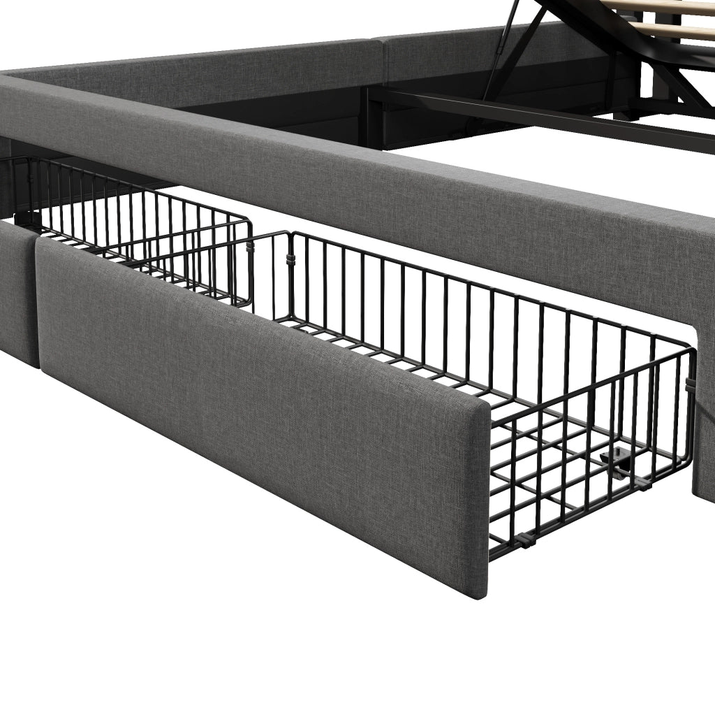 Letto contenitore imbottito ULEVR 140x200 cm con LED, USB e Type-C, cassetti laterali, lino grigio