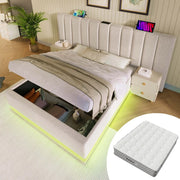 Letto Contenitore Imbottito con LED e USB-C ¨C MINIMAL ¨C Matrimoniale 180x200, Lino Beige, con Materasso