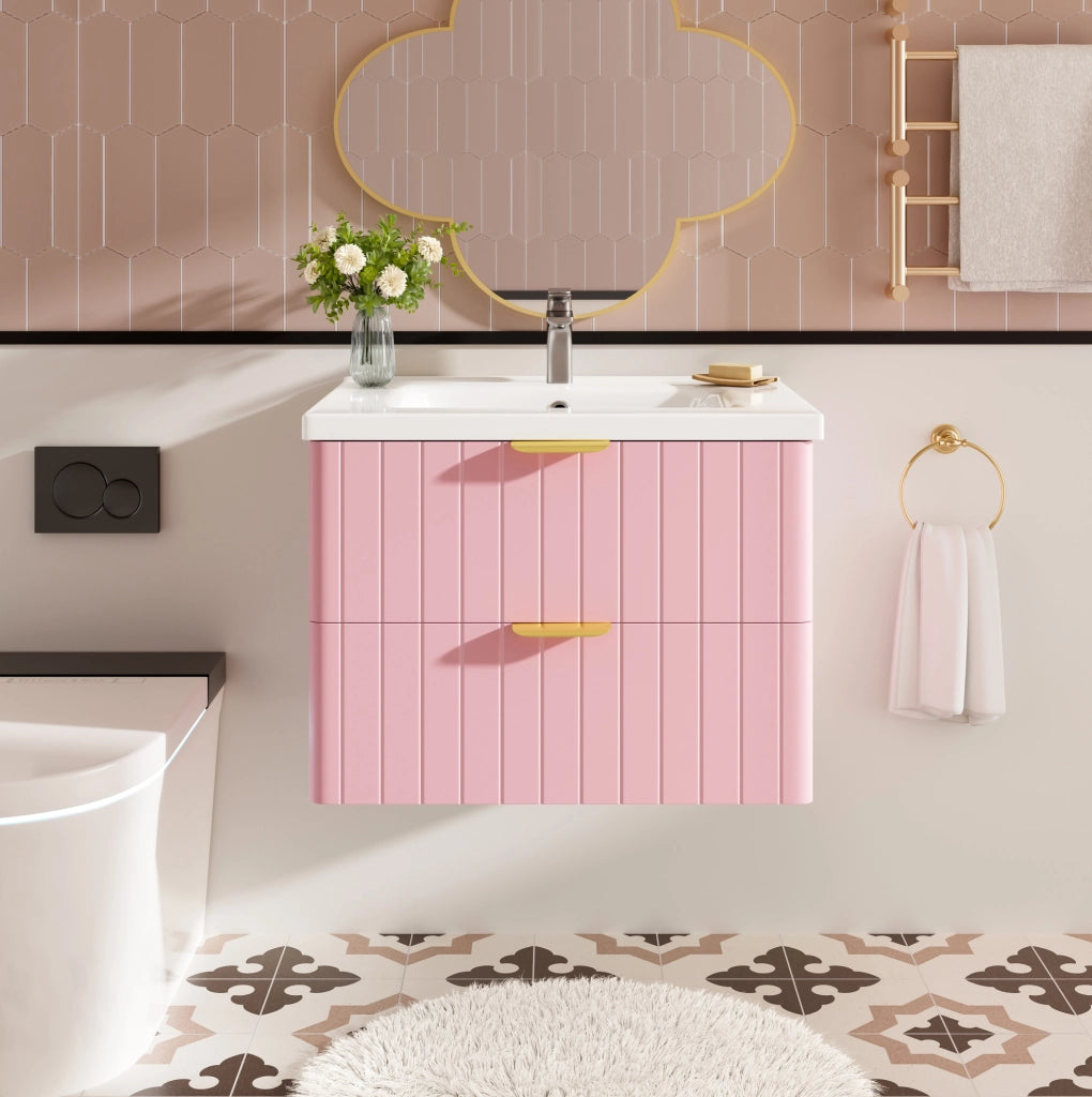 Mobiletto lavabo sospeso con lavandino in ceramica, doppio spazio, MDF, Rosa/Bianco