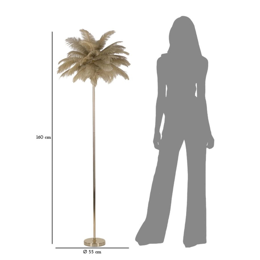 Lampada da terra Palm color cammello in metallo dorato con piume di struzzo