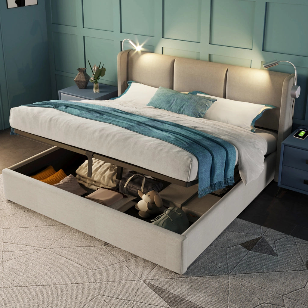 Letto imbottito 140x200 beige con contenitore, luce USB e materasso