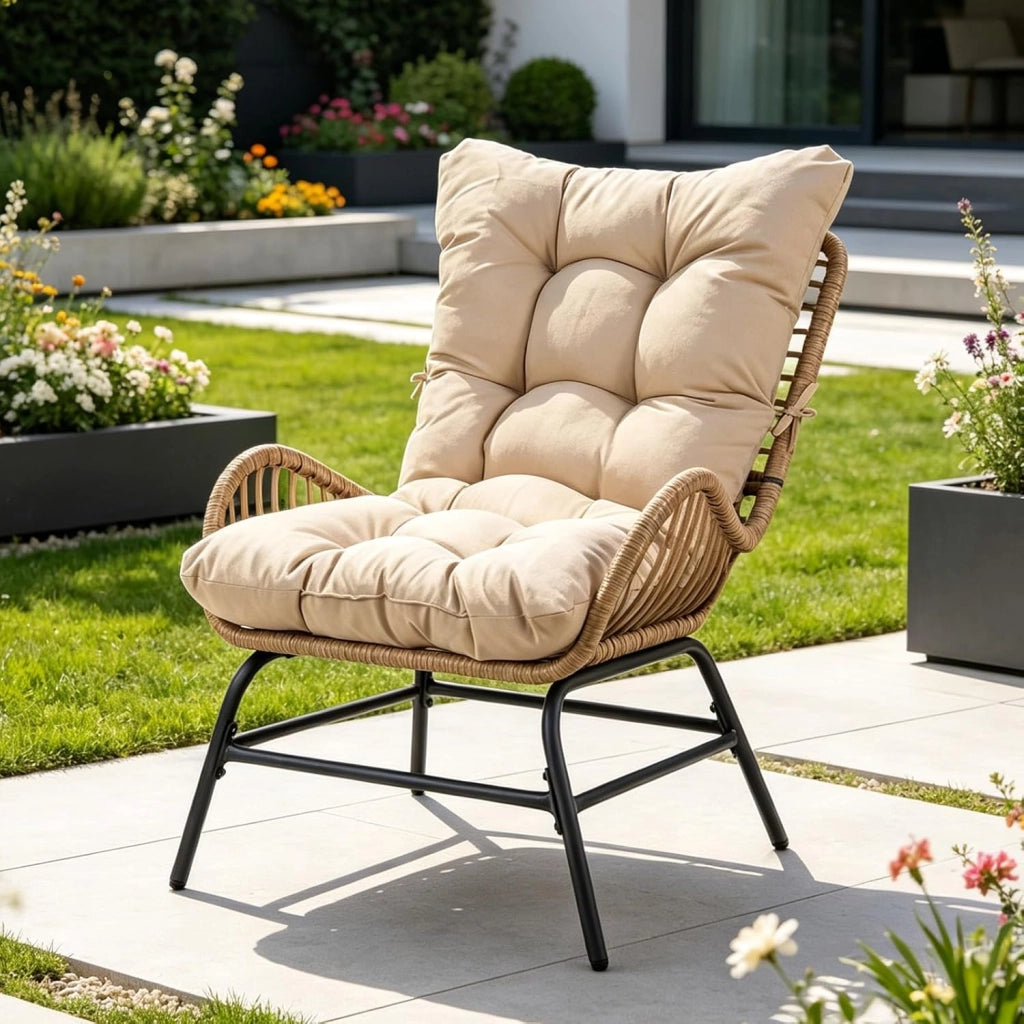 Poltrona da Giardino in Rattan PE, Sedia Relax con Cuscino Imbottito, Portata 180 KG, Sedile Ampio, Schienale e Braccioli, Poltrona Ergonomica per Balcone, Terrazza, Patio, Salotto (1,Tortora)