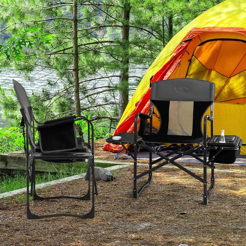 Sedia da Campeggio Pieghevole, Sedia da Regista Robusta con Tavolino, Borsa Frigo, Borsa Portaoggetti e Cinghia, Portata 180 kg, per Campeggio Escursione Pesca Picnic (Nero)