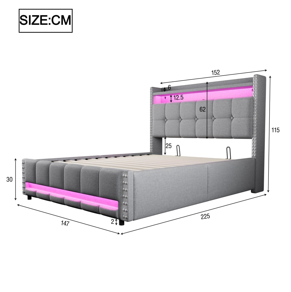 Letto imbottito 140x200 cm grigio chiaro, struttura in legno e metallo con LED e USB