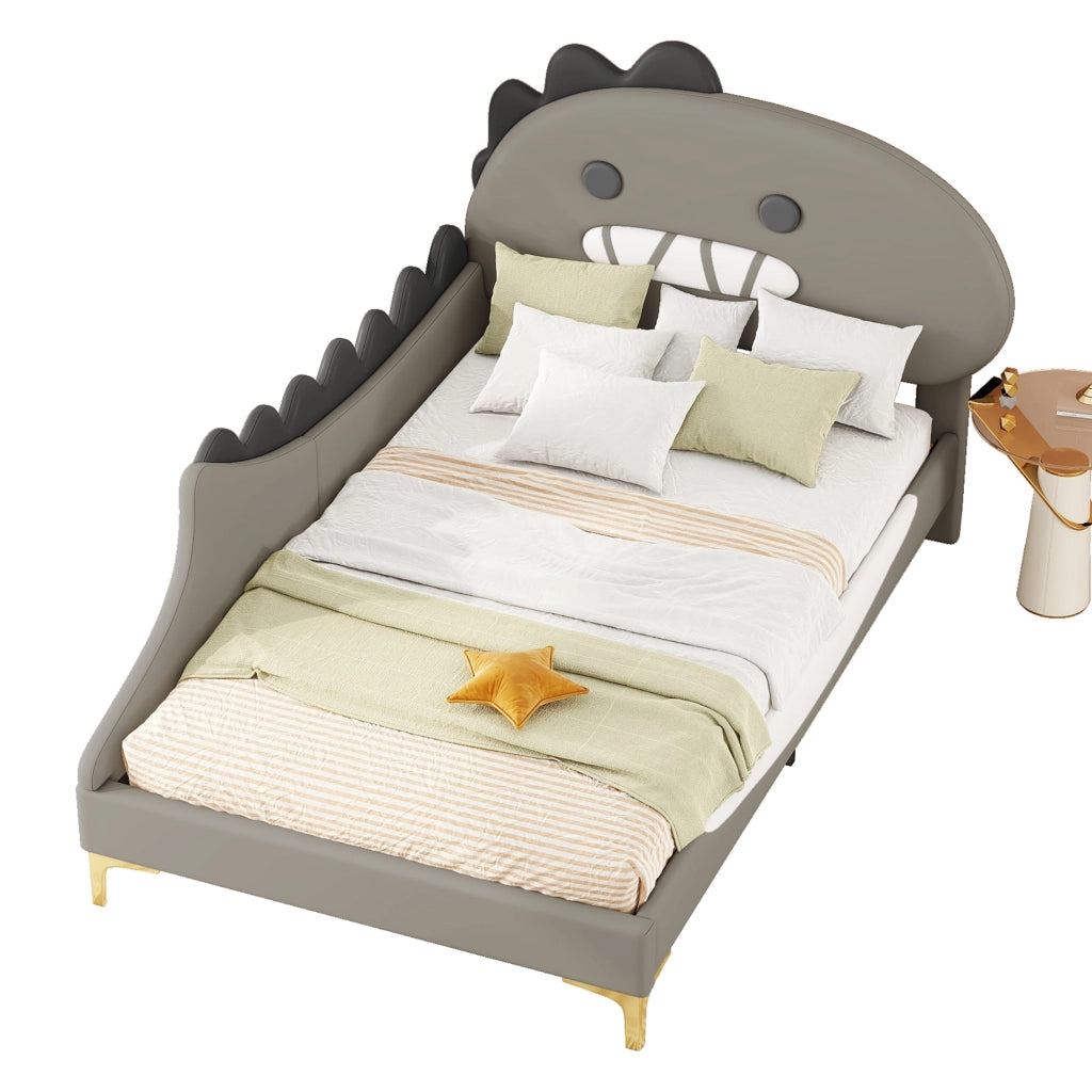 Letto per bambini 90x200 cm a forma di dinosauro in PU e MDF, grigio