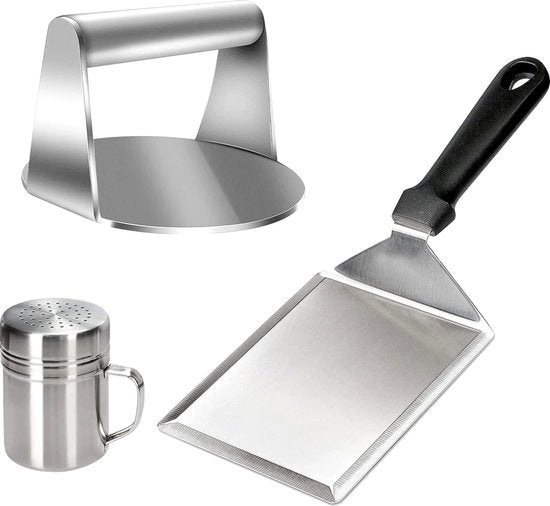 Impastatrice per burger, spiedino per burger in acciaio inossidabile, spatola per BBQ e set di polverizzatore per erbe - Set di accessori per BBQ per la cottura di burger su griglie piane