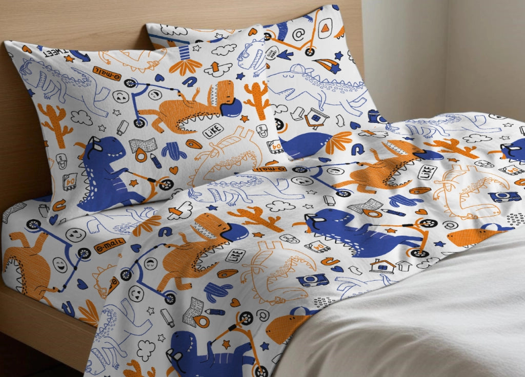 Completo Lenzuola Letto In 100% Cotone Made Italy Disegno Dino - Piazza E Mezza - Dino