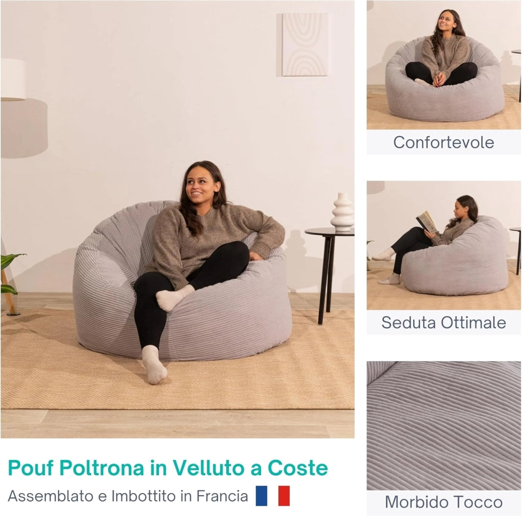 Pouf Poltrona Sacco in Velluto a Coste Larghe - Morbido e Confortevole - Imbottitura in Schiuma, Ottimo Supporto per la Schiena - Pouf Divano Gigante (100 cm, Grigio Chiaro)