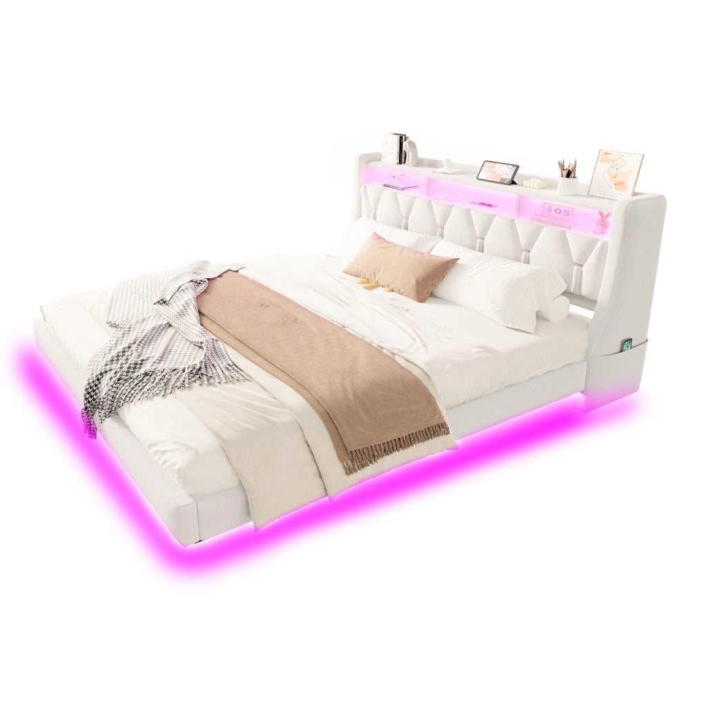 Letto matrimoniale imbottito 180x200 cm in velluto beige con testiera multifunzione e LED