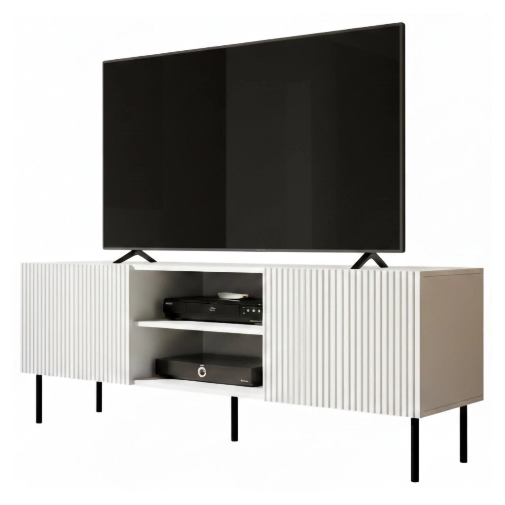 Mobile porta TV Molini, Madia da salotto con quattro ante battenti, Rialzato da terra, 150x42 h52 cm, Bianco