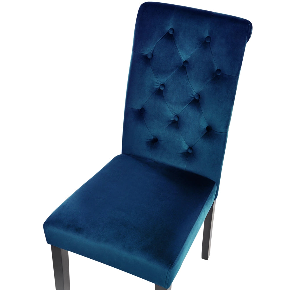Set di 2 sedie da pranzo in velluto blu, legno di gomma, gambe nere, bottoni e piedistalli