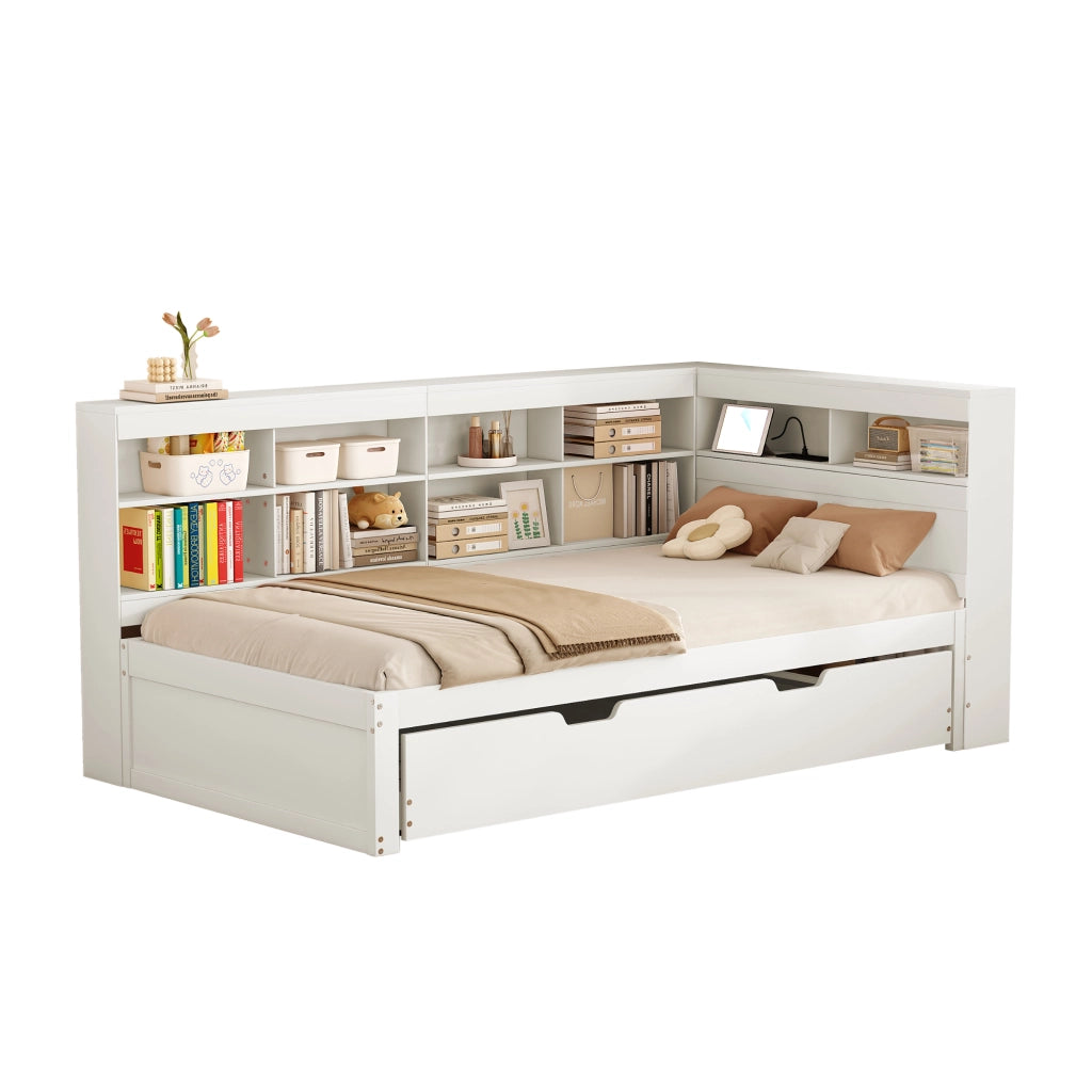 Letto Singolo 90x200 cm; con Letto Estraibile; USB e Scomparti - in Legno - Bianco