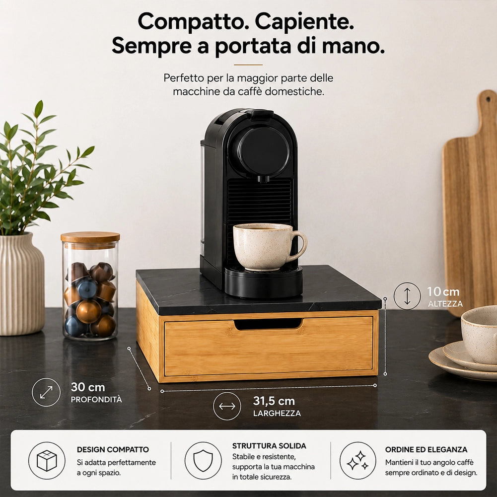 Portacapsule Piano Vetro Effetto Marmo Nero Portacialde Organizer 31.5x30x10cm