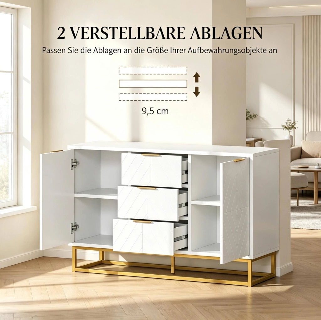 Credenza con 2 ante; 3 cassetti e ripiani regolabili 120x40x76 cm MDF bianco e oro