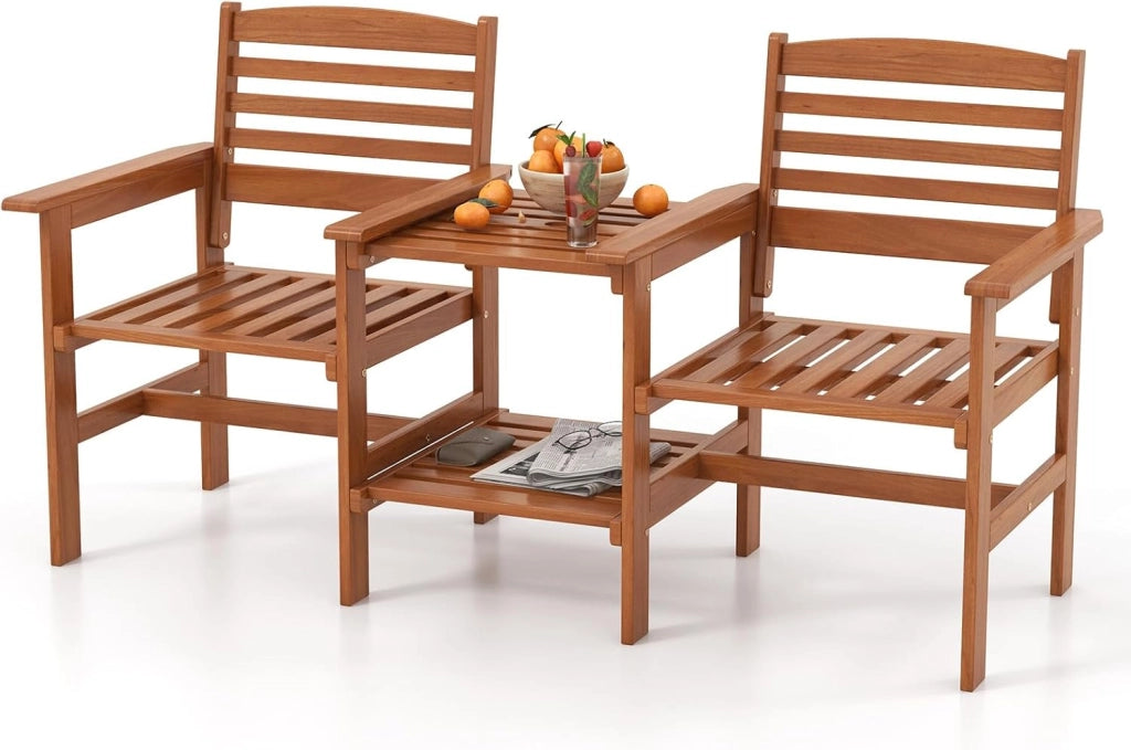 Sedia doppia per terrazza con foro da 4 cm, set di conversazione a 2 posti con tavolo a 2 livelli, set di mobili in legno