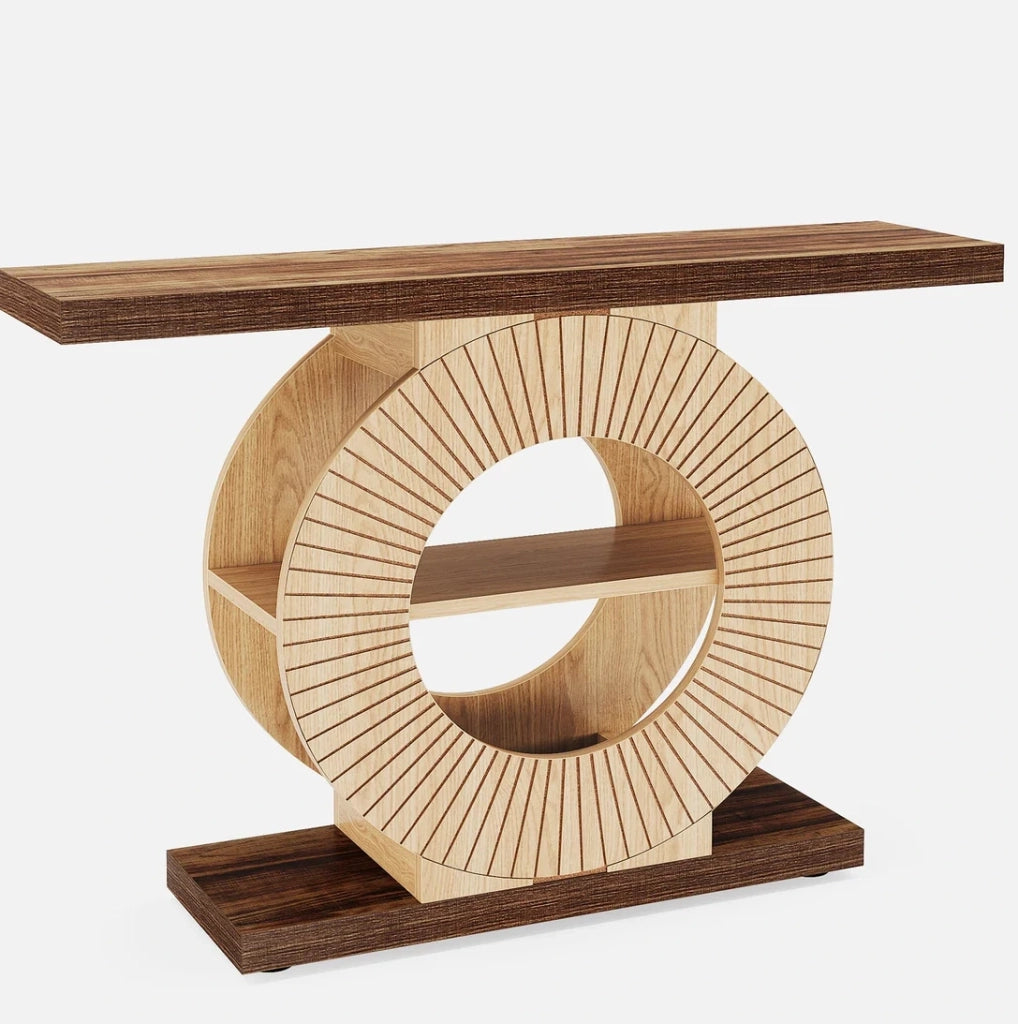 Tavolo consolle in legno con base rotonda e ripiani, design sottile per ingresso