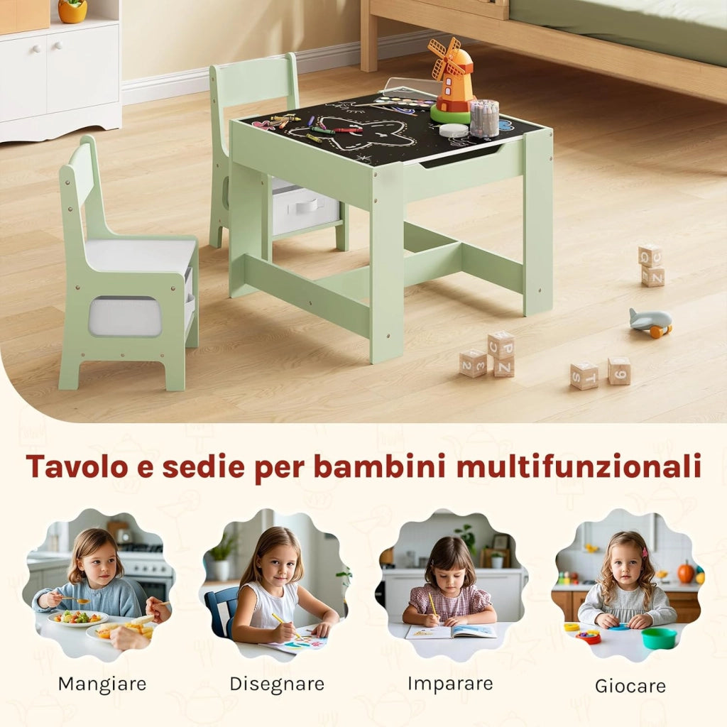 Set da Tavolino e Sedie per Bambini, Tavolo Bambini con 2 Sedie, Lavagna Reversibile, con Scomparto Nascosto e Scatole, per Cameretta, Asilo, Legno, Verde + Bianco