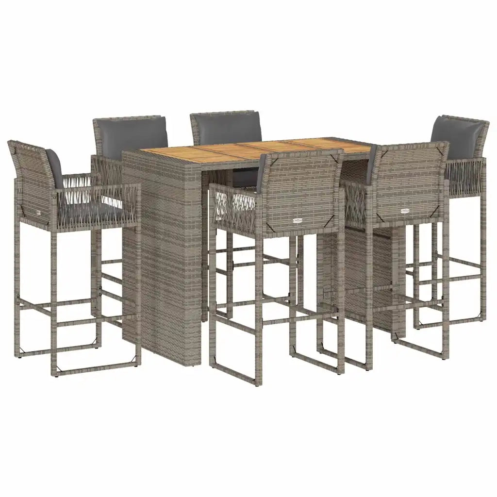 Set Bar da Giardino 7 pz con Cuscini Grigio Polyrattan Acacia 3328904