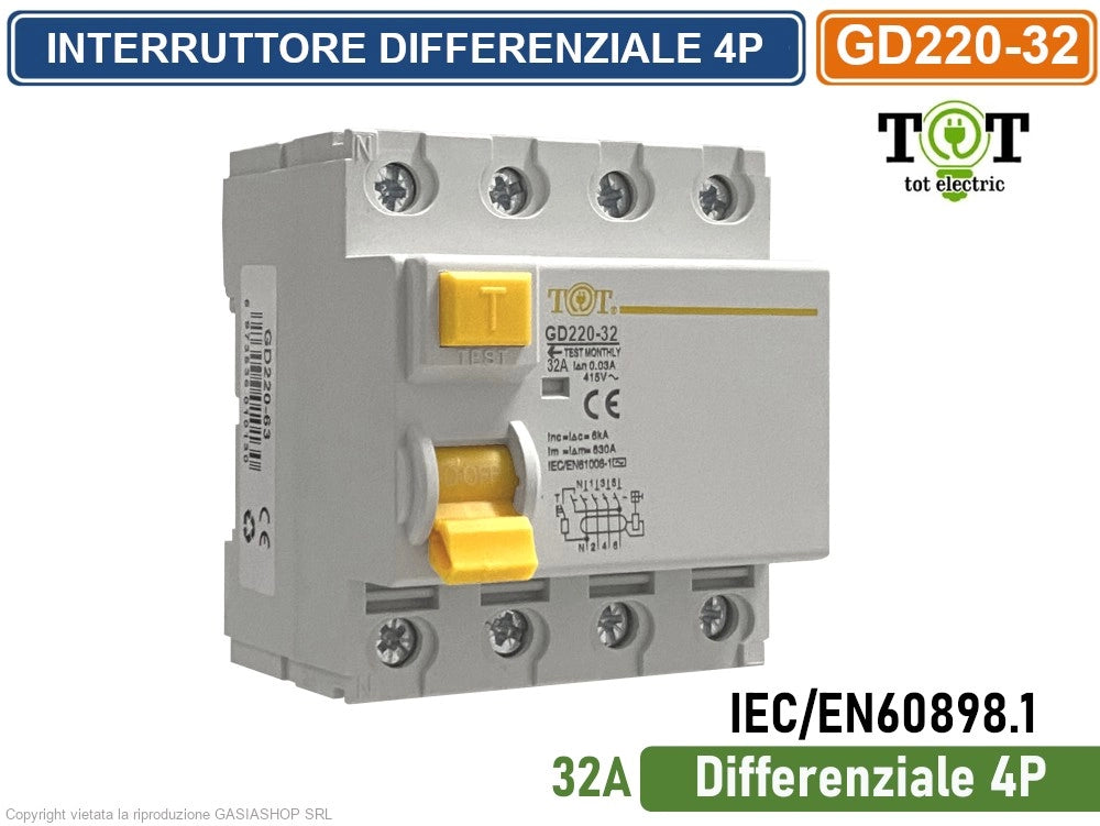 INTERRUTTORE MAGNETOTERMICO DIFFERENZIALE 32A PER BARRA DIN 4 MODULI 4P 220V-415VAC 30mA 6KA