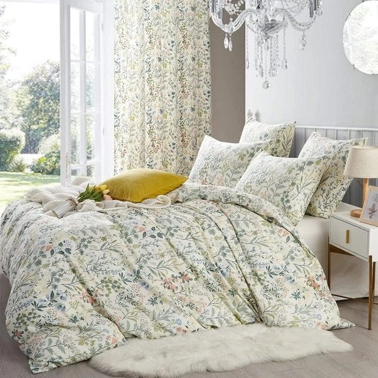 Set di coperte per letto 135 x 200 cm con un cuscino 80 x 80 cm, foglie e fiori bianchi e verdi, set di coperte per letto microfibra per ragazze e adolescenti, coperta per letto singola con chiusura a zip