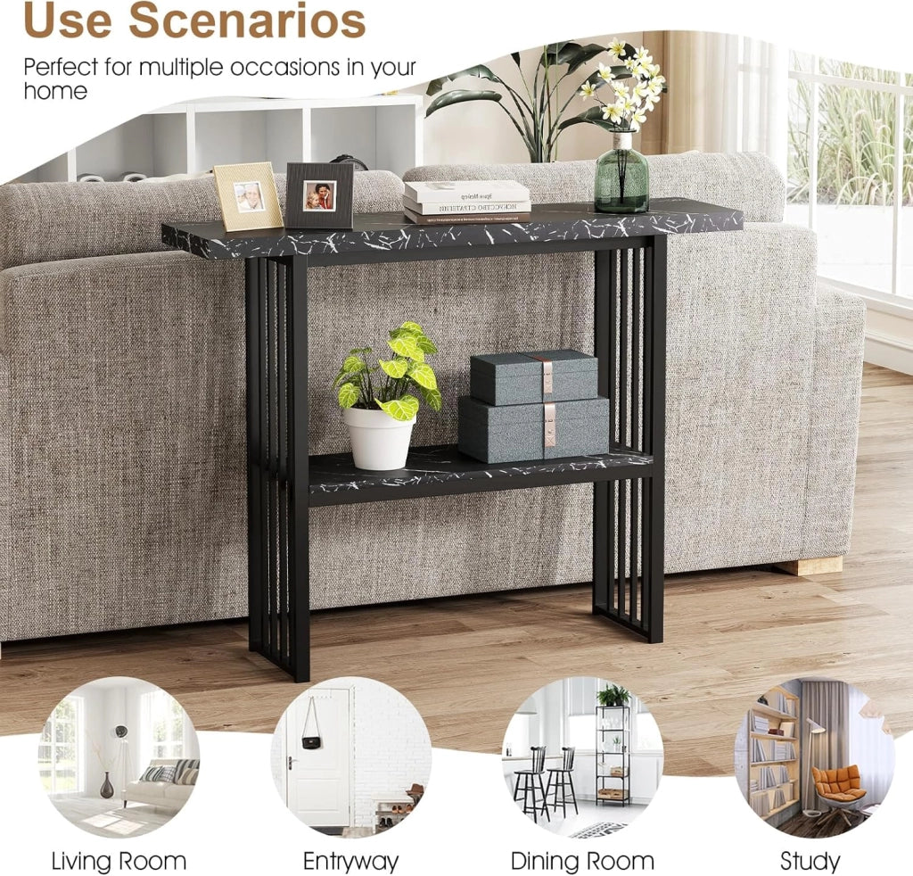 Tavolo Console da ingresso, 120 x 29,5 x 92,5 cm, piano in finto marmo e telaio in metallo, tavolino ausiliario con 2 ripiani, risparmio di spazio, tavolo da soggiorno, corridoio (nero)